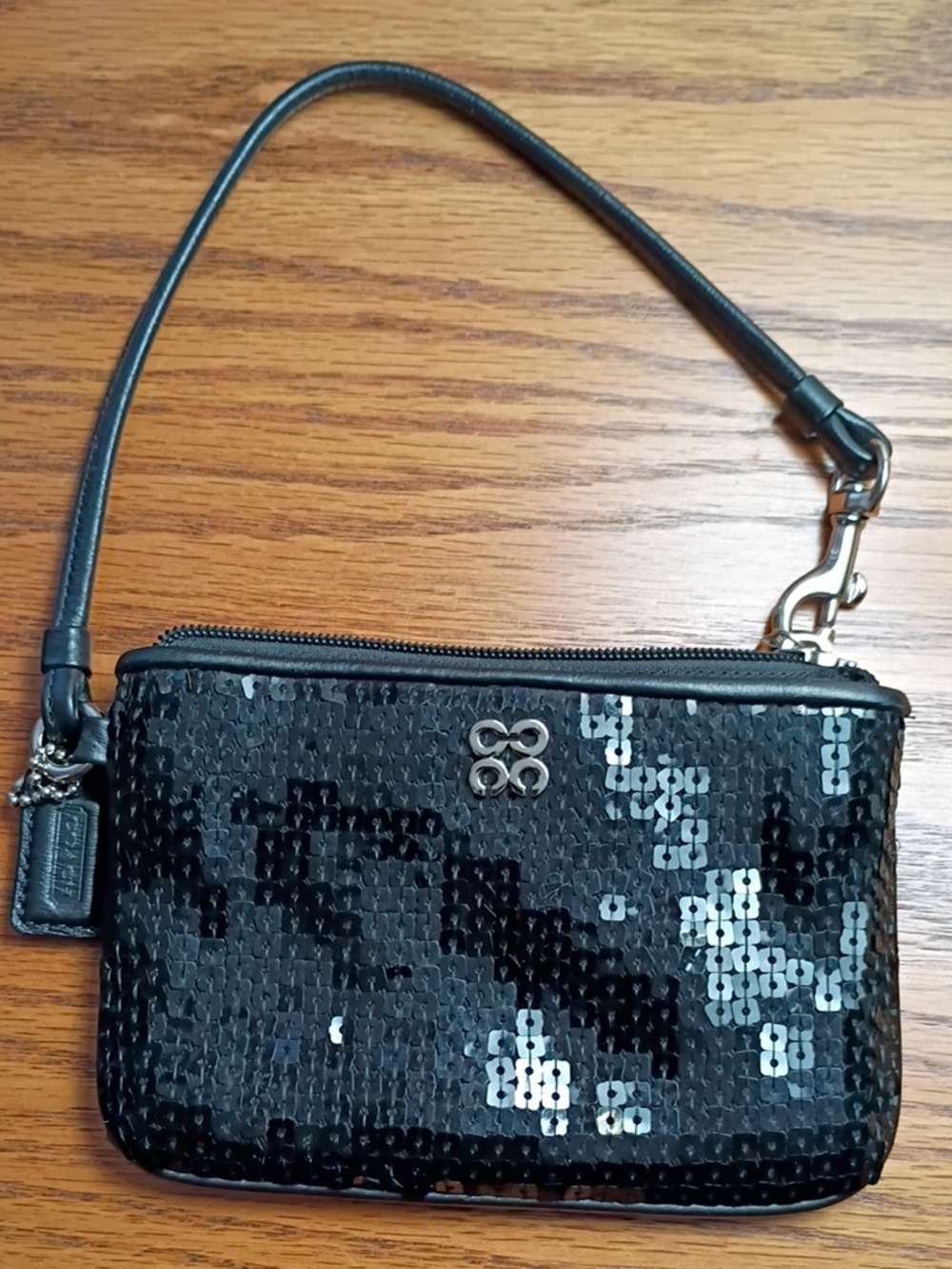 Coach Black Sequin Wristlet with Silver Hardware